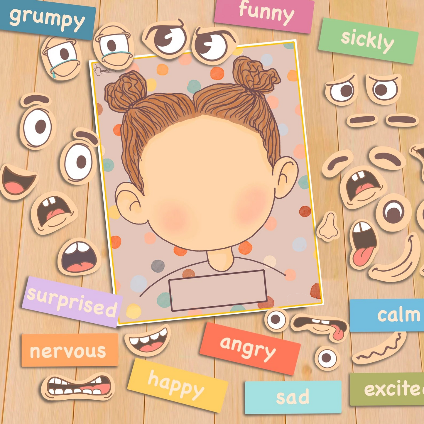 Emotions Activity for Kids Girl Version Printable Toddler Feeling Chart Quiet Book Page Preschool Homeschool Pre-K Learning Matching Game