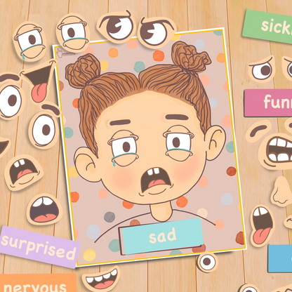 Emotions Activity for Kids Girl Version Printable Toddler Feeling Chart Quiet Book Page Preschool Homeschool Pre-K Learning Matching Game