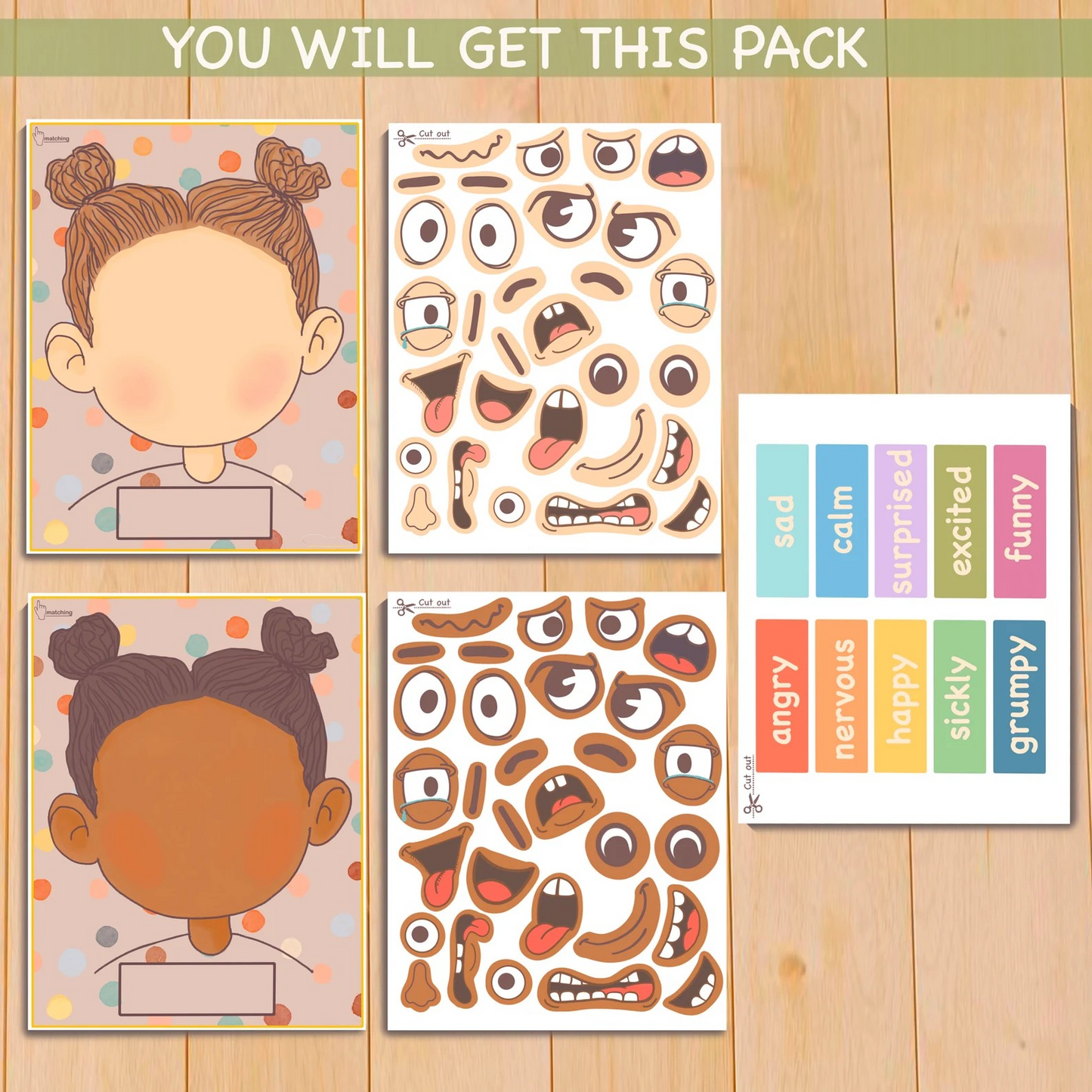 Emotions Activity for Kids Girl Version Printable Toddler Feeling Chart Quiet Book Page Preschool Homeschool Pre-K Learning Matching Game